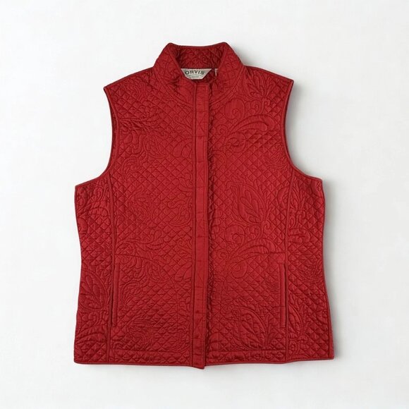 Orvis Red Silk Quilted Vest Womens S Floral Paisley Insulated Classic Core - Picture 2 of 9